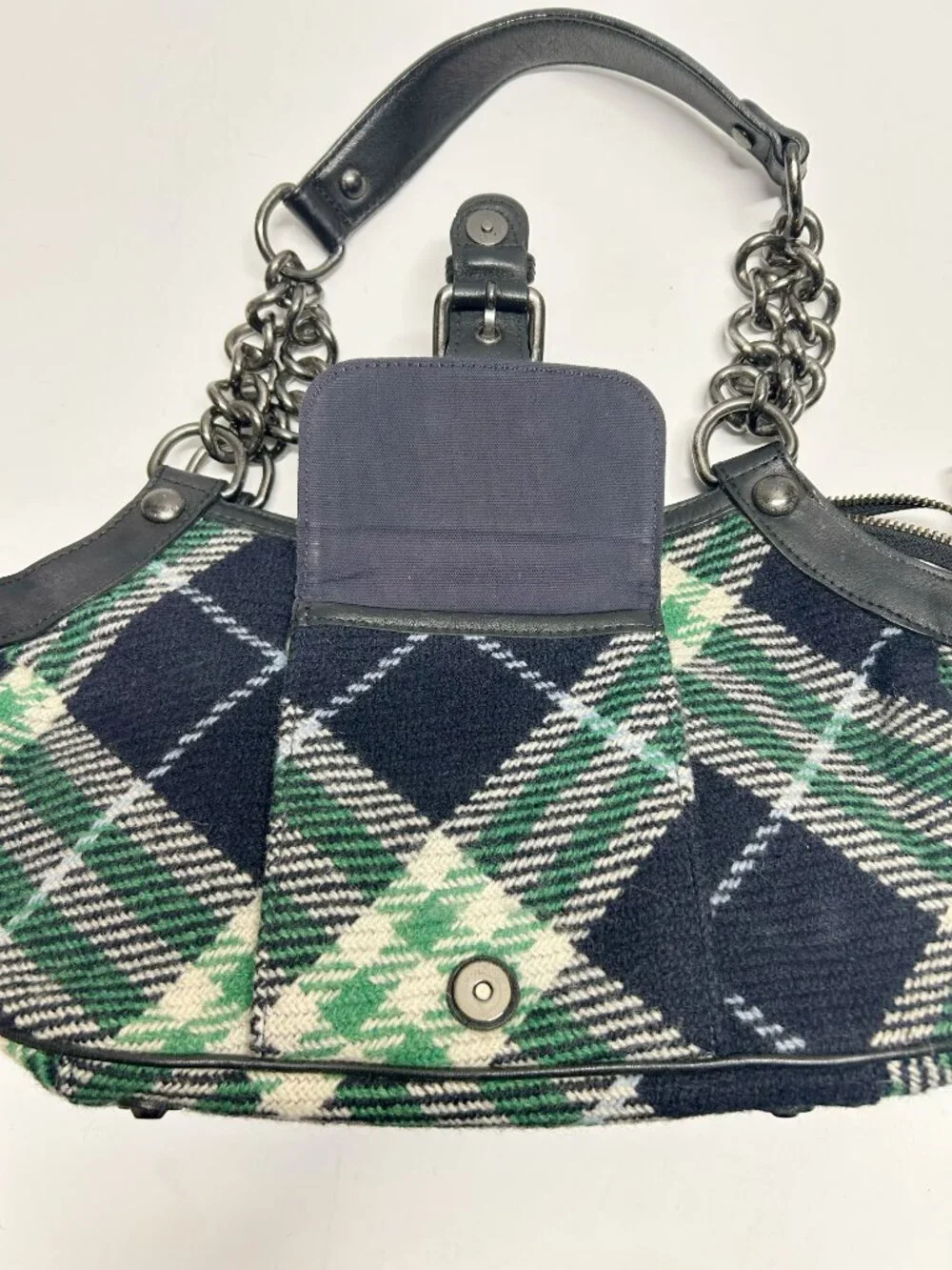 Burberry Black and Green Plaid Shoulder Bag with Chain Strap